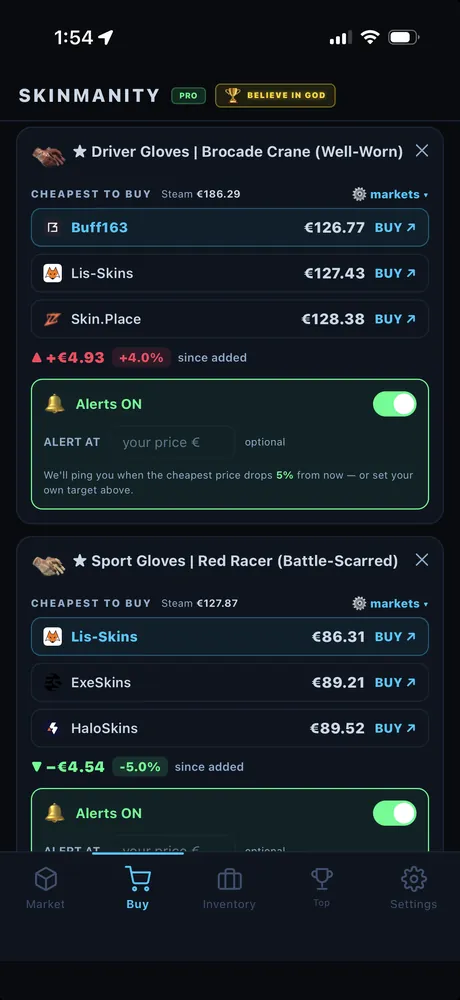Buy tab in the Skinmanity app, showing the cheapest markets for a pair of gloves with buy links and a price alert toggle