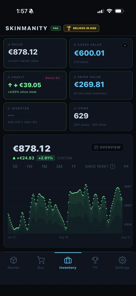 Inventory tab showing total value, profit, cases and skins value with a price chart