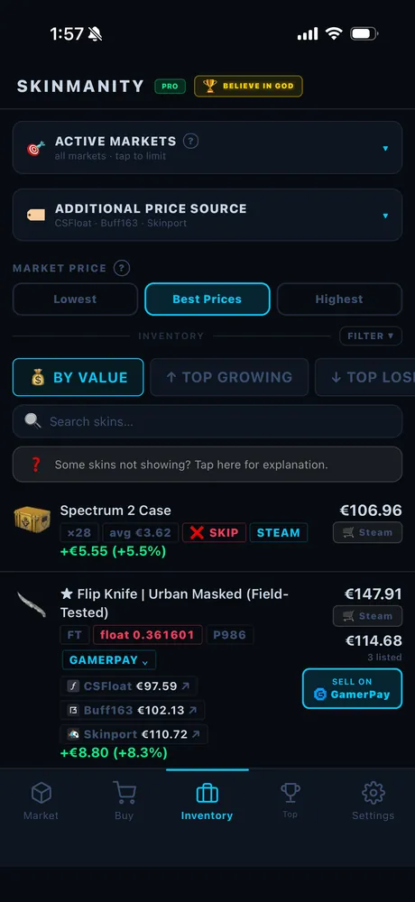 Inventory screen with active market selection and per-item prices from several marketplaces