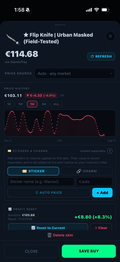 Item detail screen showing price history, stickers and profit reset for a Flip Knife