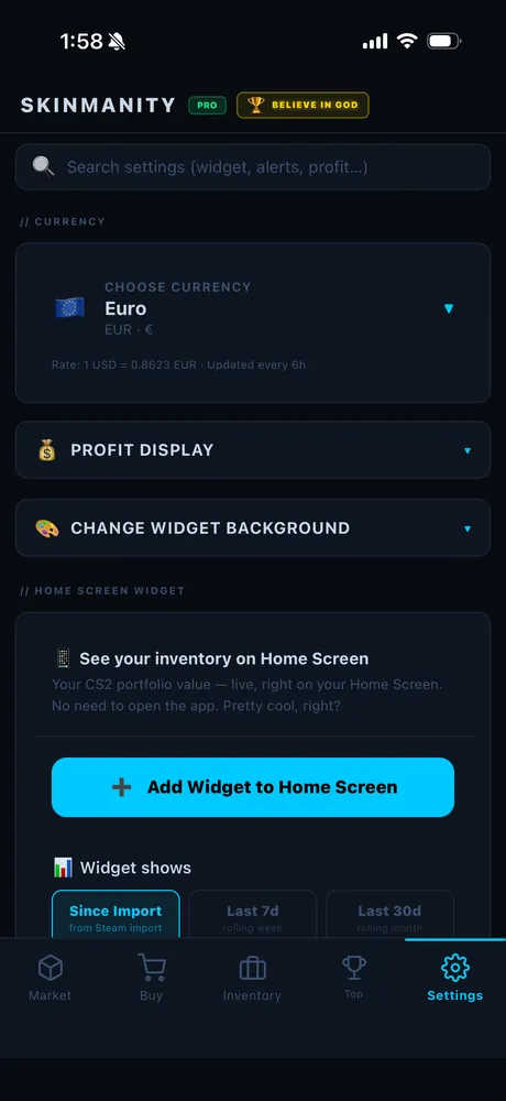 Settings screen with currency, profit display and widget background options