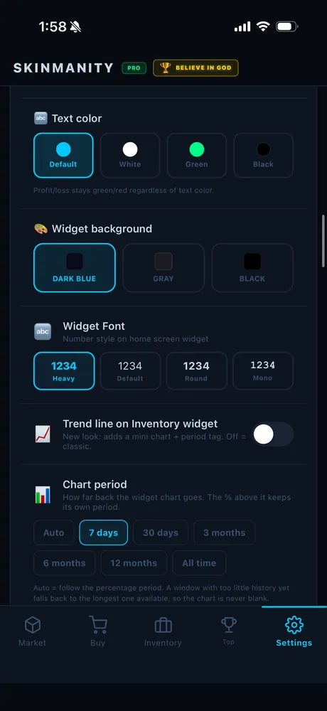 Widget appearance settings: text colour, background, font and chart period