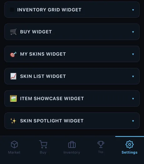 Per-widget settings sections for the grid, buy, my skins, skin list, showcase and spotlight widgets