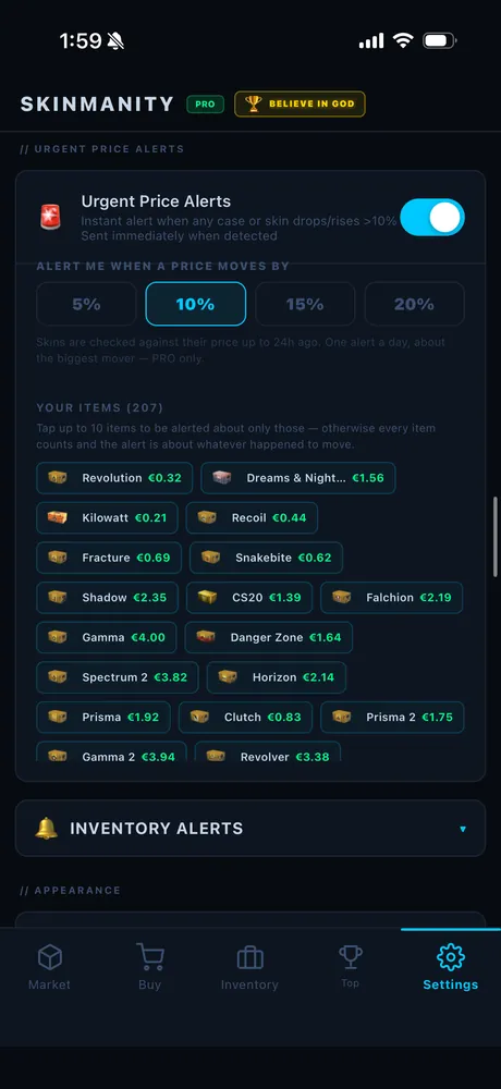 Urgent price alert settings with a drop threshold and a per-item alert list