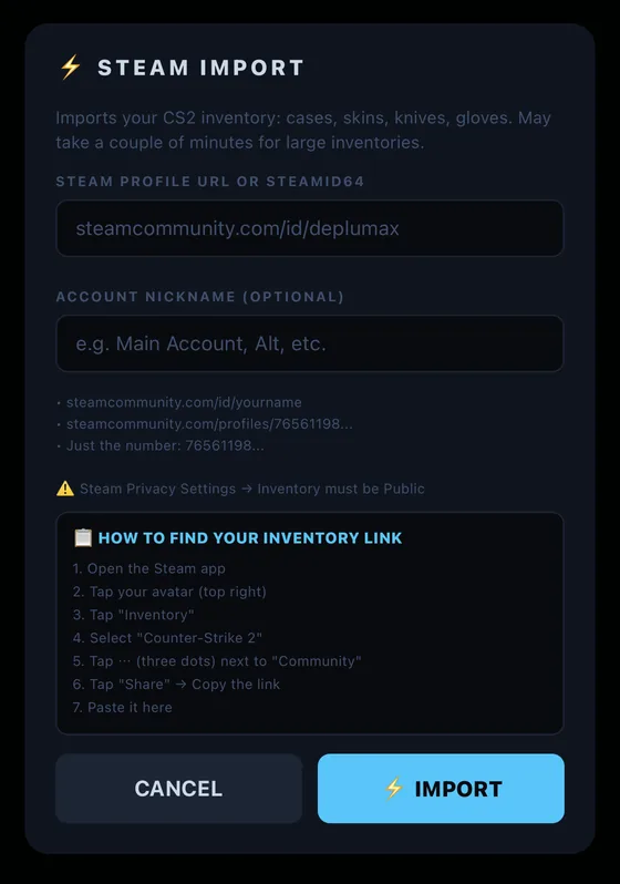 Steam import screen in the Skinmanity app, asking only for a public Steam profile link