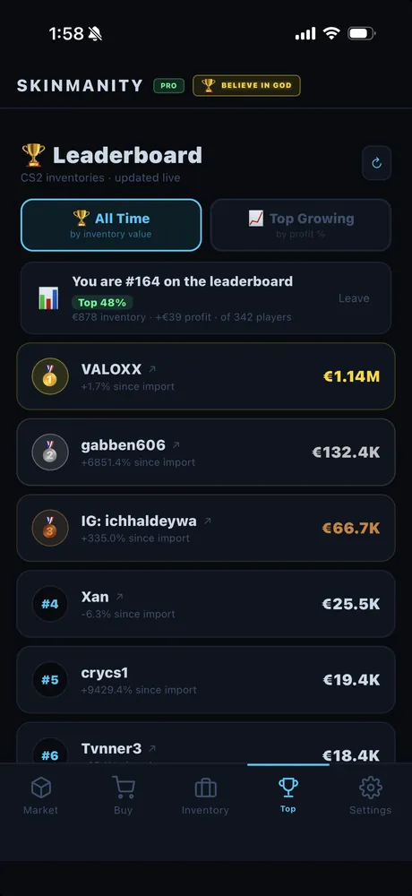 Leaderboard tab ranking CS2 inventories by value, with the viewer's own position highlighted