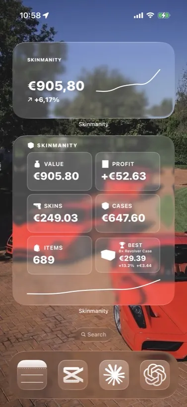Translucent Skinmanity widgets over a car wallpaper on an iPhone home screen