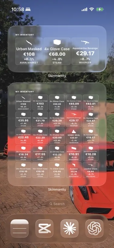 Translucent inventory grid widget over a wallpaper