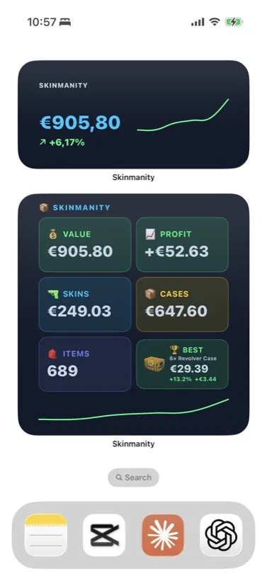 Solid dark Skinmanity widgets on a plain home screen