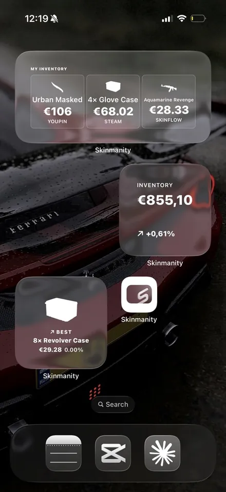 Skinmanity widgets tinted red over a Ferrari wallpaper