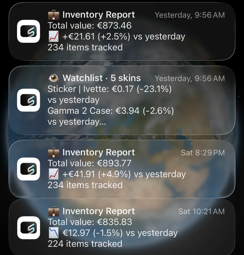 iPhone lock screen showing Skinmanity notifications: Inventory Report with total value and daily change, and a Watchlist alert with per-skin price moves