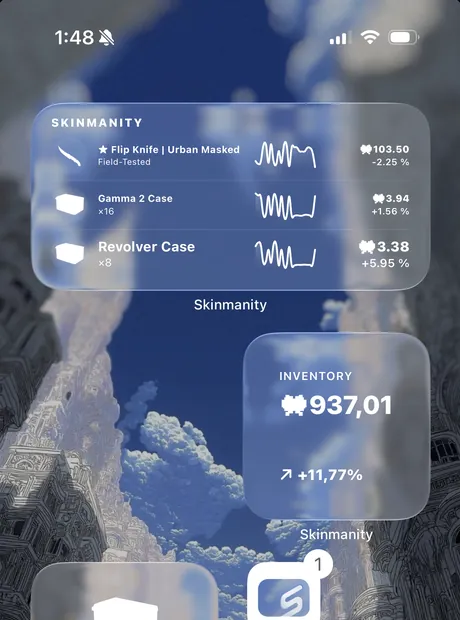 An iPhone home screen with Shadow Mode on: the Skinmanity widget reads a paw emoji followed by 937,01 instead of a euro amount