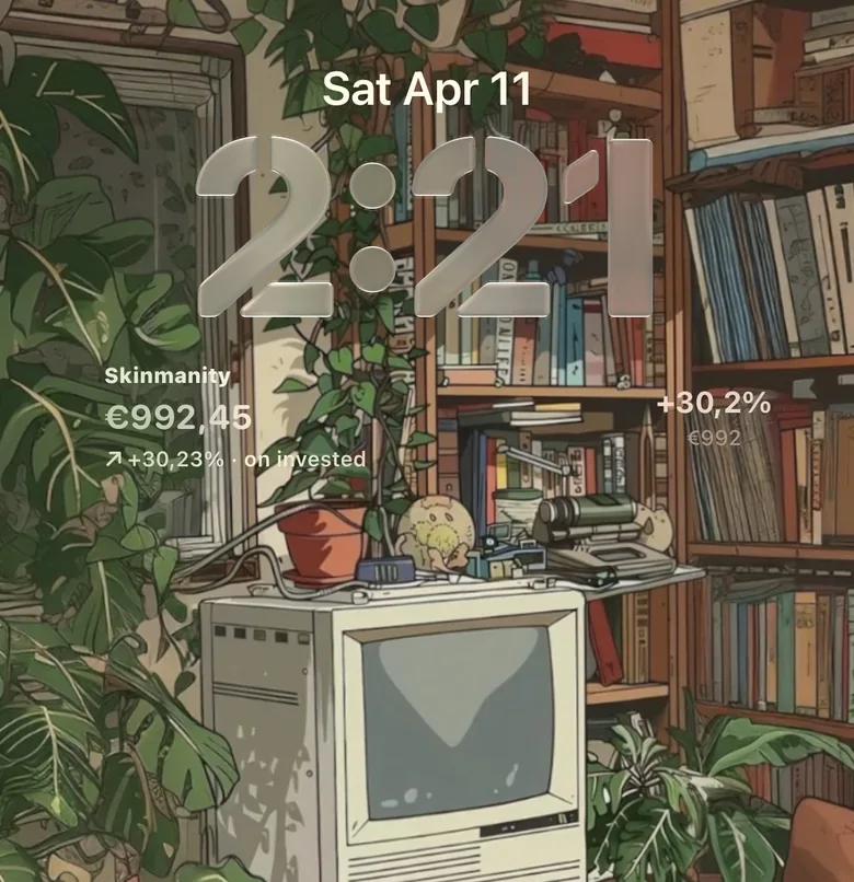 Skinmanity lock screen widgets on an iPhone, showing inventory value and growth above the wallpaper